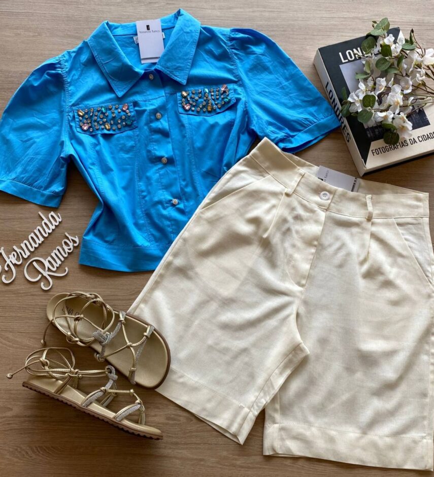 Cropped Camisa Feminino com Aplicações Azul - Fernanda Ramos Store