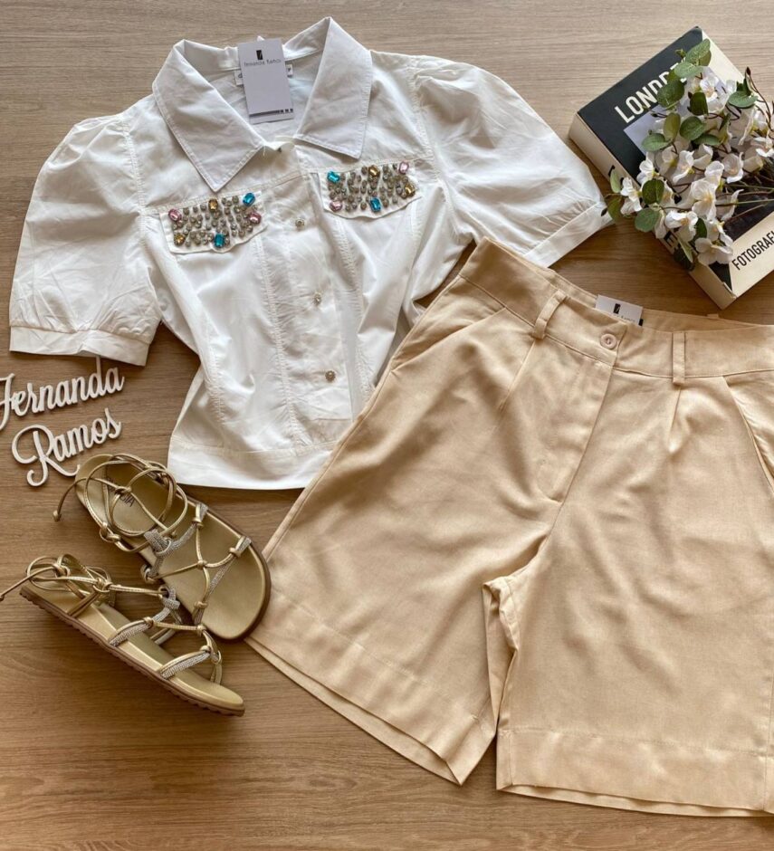 Cropped Camisa Feminino com Aplicações Branco - Fernanda Ramos Store