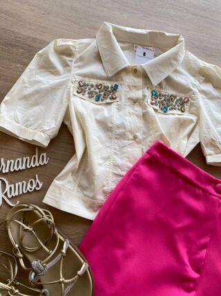 Cropped Camisa Feminino com Aplicações Off White - Fernanda Ramos Store