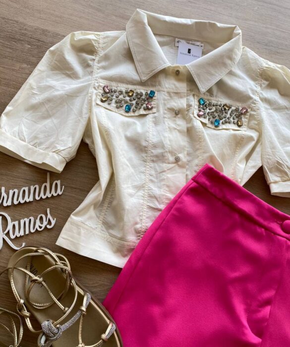 Cropped Camisa Feminino com Aplicações Off White - Fernanda Ramos Store