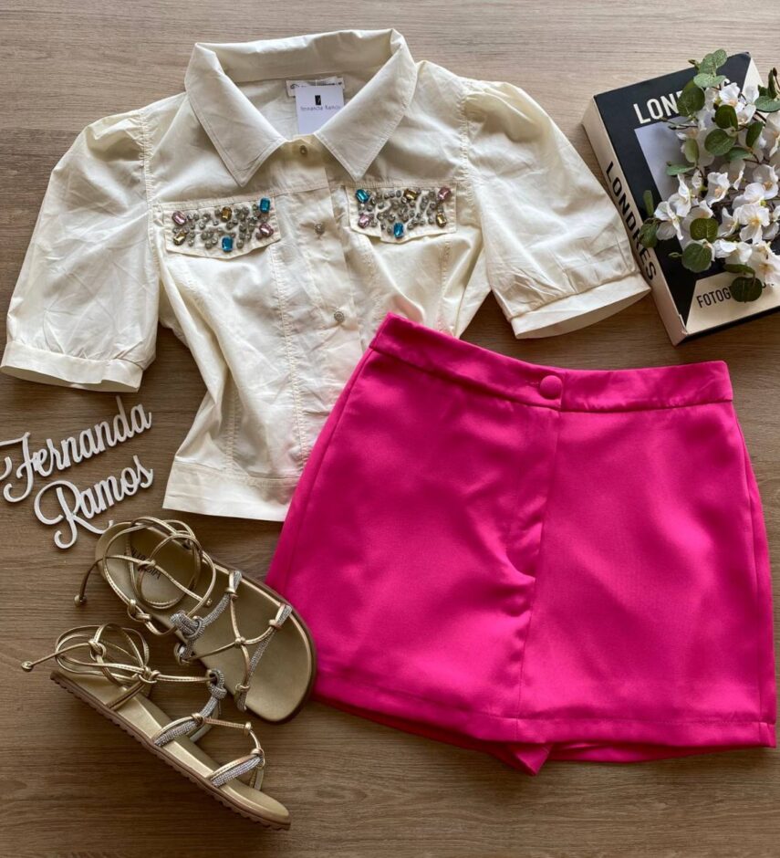 Cropped Camisa Feminino com Aplicações Off White - Fernanda Ramos Store