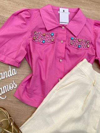 Cropped Camisa Feminino com Aplicações Rosa - Fernanda Ramos Store