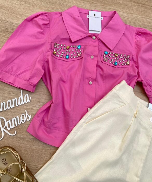 Cropped Camisa Feminino com Aplicações Rosa - Fernanda Ramos Store