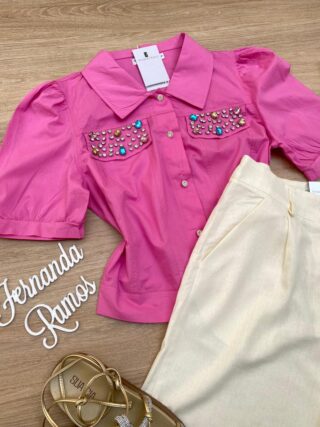 Cropped Camisa Feminino com Aplicações Rosa - Fernanda Ramos Store