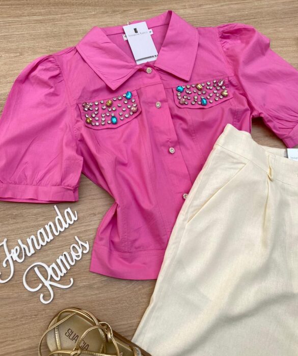 Cropped Camisa Feminino com Aplicações Rosa - Fernanda Ramos Store