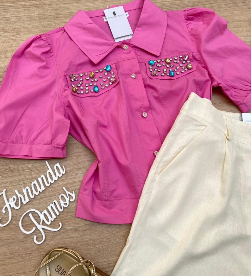 Cropped Camisa Feminino com Aplicações Rosa - Fernanda Ramos Store