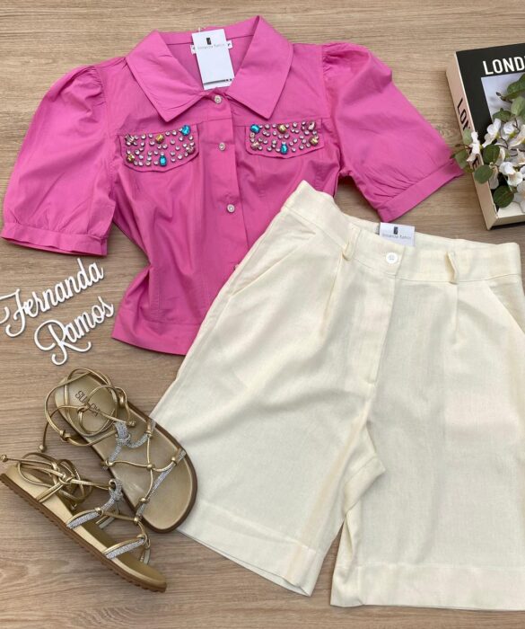 Cropped Camisa Feminino com Aplicações Rosa - Fernanda Ramos Store