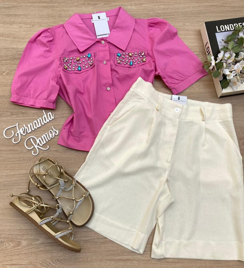 Cropped Camisa Feminino com Aplicações Rosa - Fernanda Ramos Store