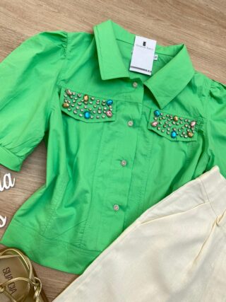 Cropped Camisa Feminino com Aplicações Verde - Fernanda Ramos Store