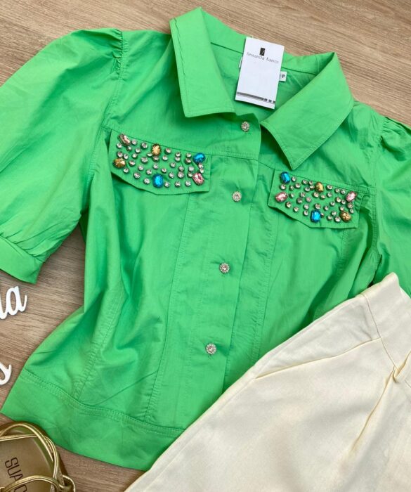 Cropped Camisa Feminino com Aplicações Verde - Fernanda Ramos Store