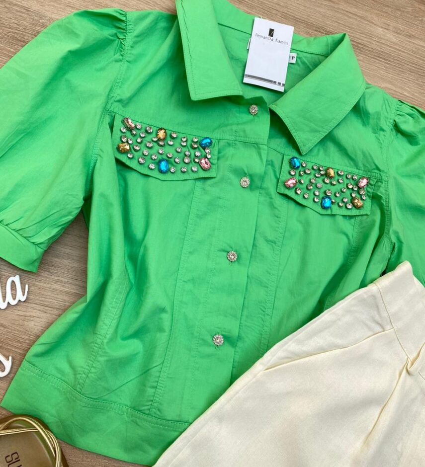 Cropped Camisa Feminino com Aplicações Verde - Fernanda Ramos Store