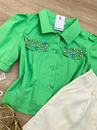 Cropped Camisa Feminino com Aplicações Verde - Fernanda Ramos Store