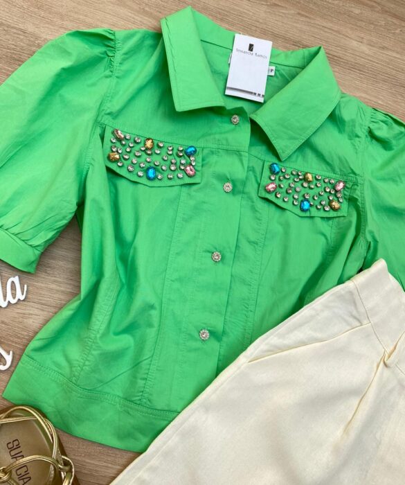 Cropped Camisa Feminino com Aplicações Verde - Fernanda Ramos Store