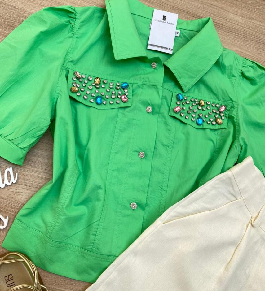Cropped Camisa Feminino com Aplicações Verde - Fernanda Ramos Store