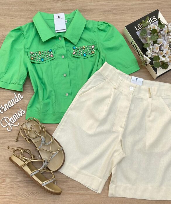 Cropped Camisa Feminino com Aplicações Verde - Fernanda Ramos Store