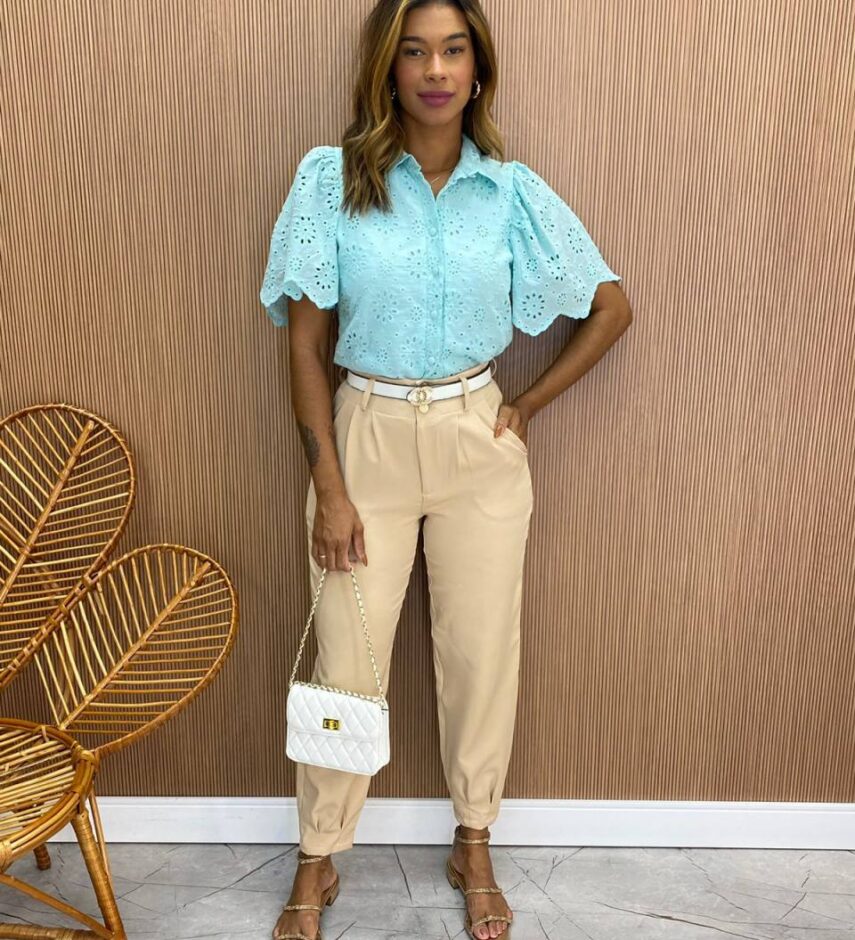 Cropped Feminino Alongado Laise Manga Curta Barbara Verde Agua - Fernanda Ramos Store