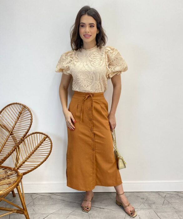 Cropped Feminino sem Bojo Alongado Guipir Bege - Fernanda Ramos Store