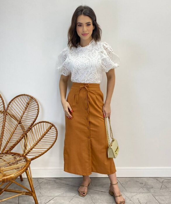 Cropped Feminino sem Bojo Alongado Guipir Branco - Fernanda Ramos Store