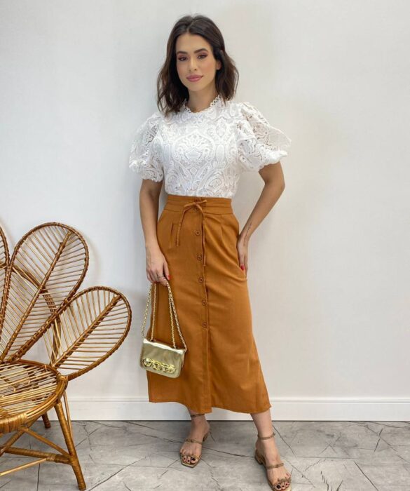 Cropped Feminino sem Bojo Alongado Guipir Branco - Fernanda Ramos Store