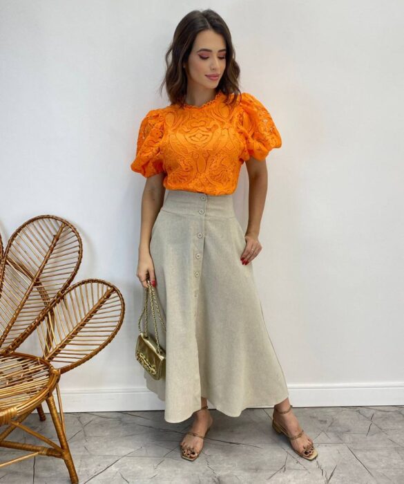 Cropped Feminino sem Bojo Alongado Guipir Laranja - Fernanda Ramos Store