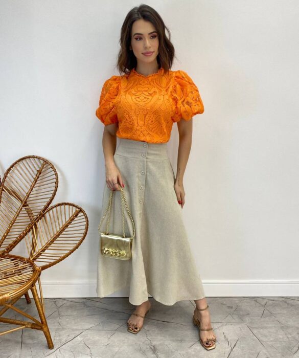 Cropped Feminino sem Bojo Alongado Guipir Laranja - Fernanda Ramos Store