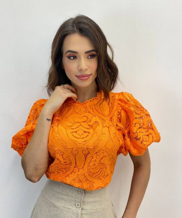 Cropped Feminino sem Bojo Alongado Guipir Laranja - Fernanda Ramos Store