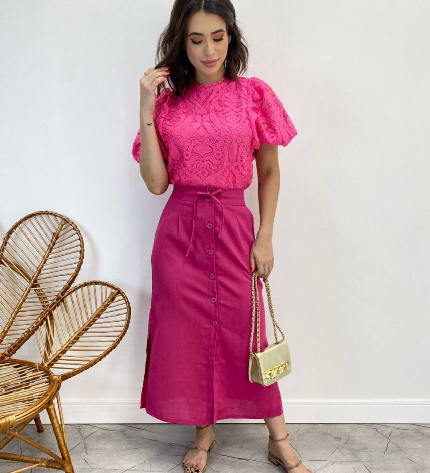 Cropped Feminino sem Bojo Alongado Guipir Pink - Fernanda Ramos Store