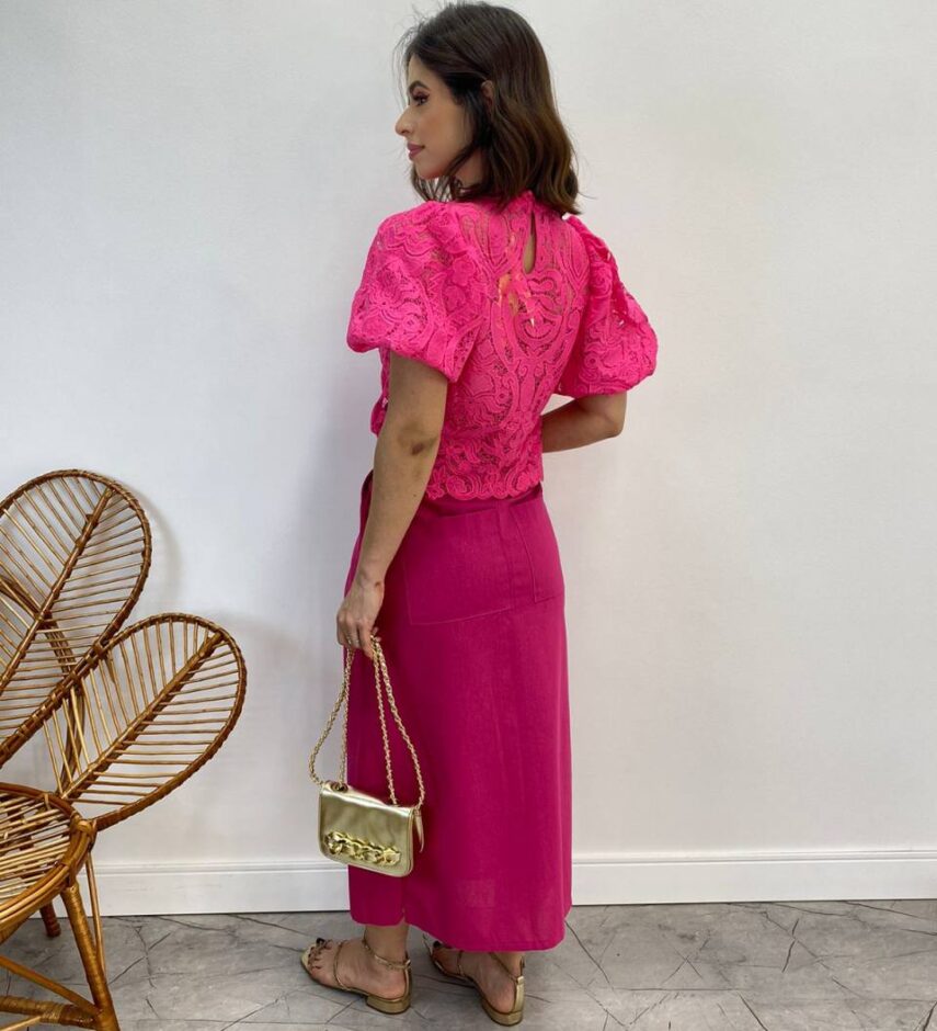 Cropped Feminino sem Bojo Alongado Guipir Pink - Fernanda Ramos Store