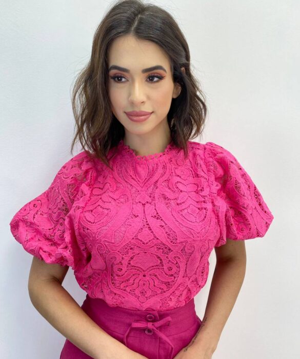 Cropped Feminino sem Bojo Alongado Guipir Pink - Fernanda Ramos Store