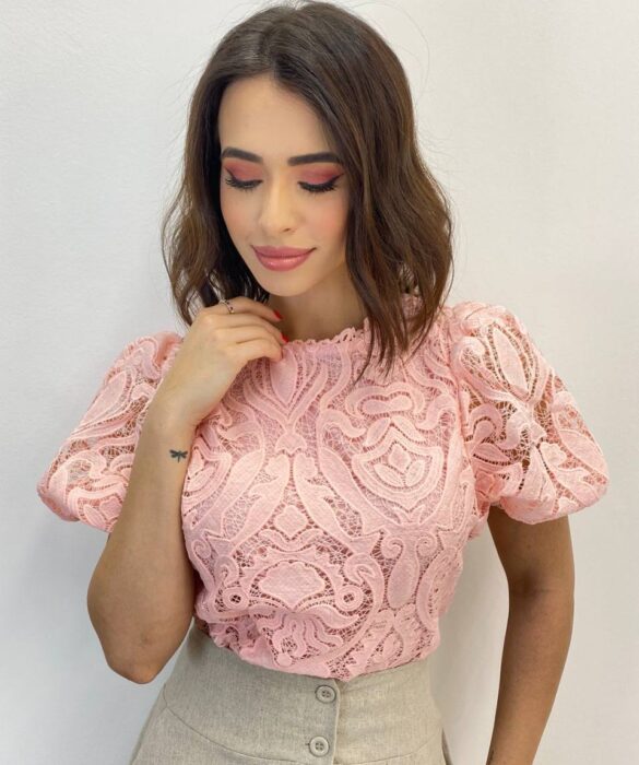 Cropped Feminino sem Bojo Alongado Guipir Rose - Fernanda Ramos Store