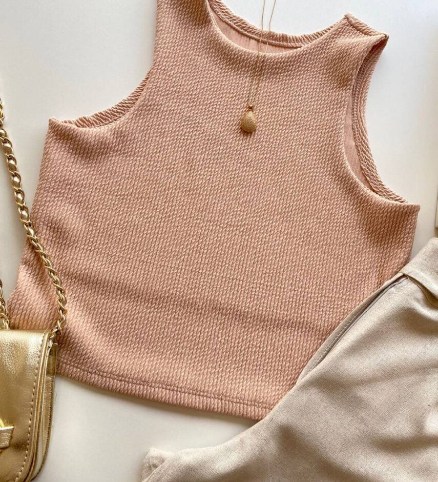 Cropped Feminino sem Bojo Helena Malha Canelada Bege - Fernanda Ramos Store