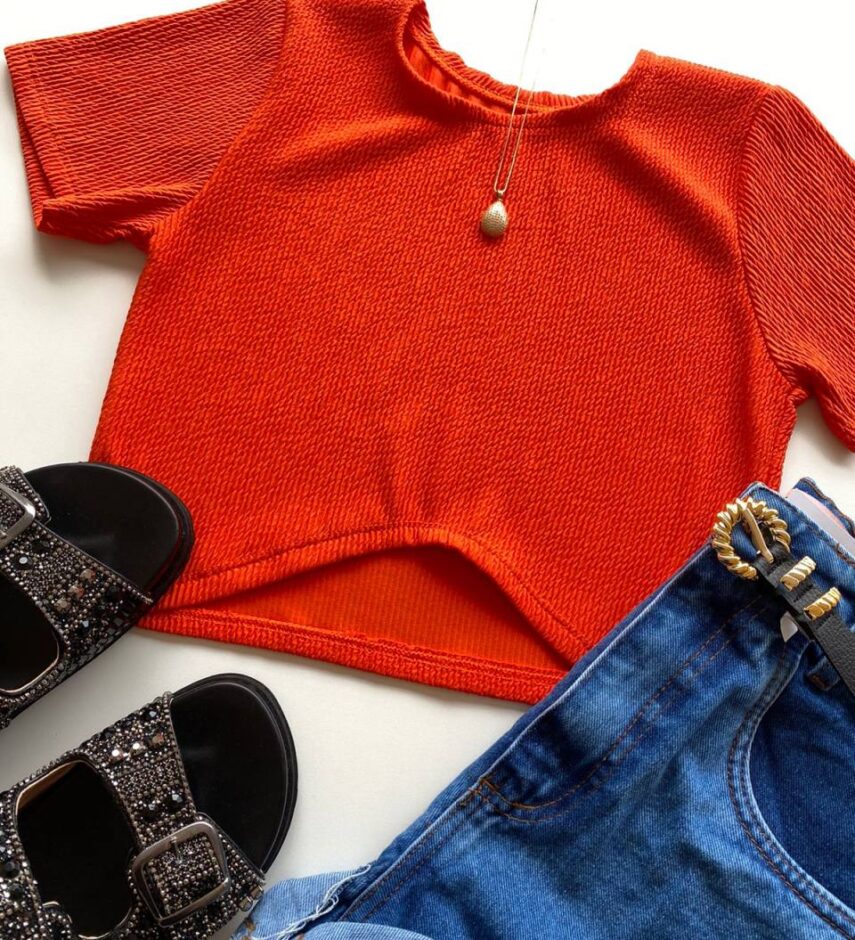 Cropped Feminino sem Bojo Julia Malha Canelada Laranja - Fernanda Ramos Store