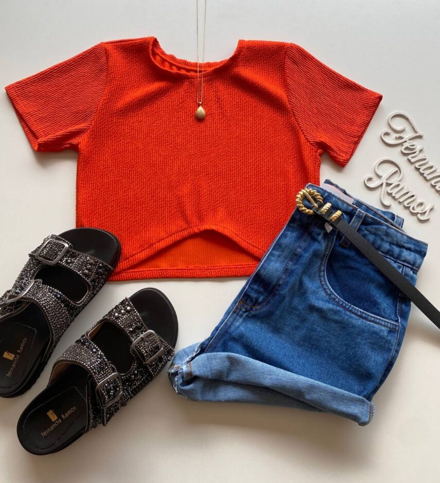 Cropped Feminino sem Bojo Julia Malha Canelada Laranja - Fernanda Ramos Store