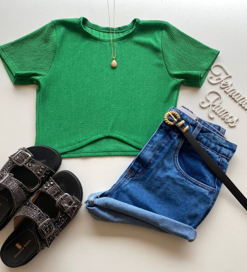 Cropped Feminino sem Bojo Julia Malha Canelada Verde - Fernanda Ramos Store