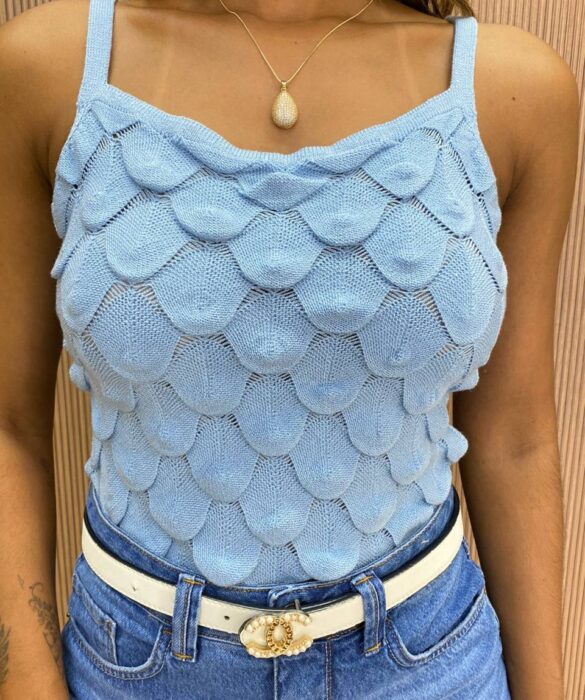 Cropped Feminino Tricot sem Bojo Escamas Azul - Fernanda Ramos Store