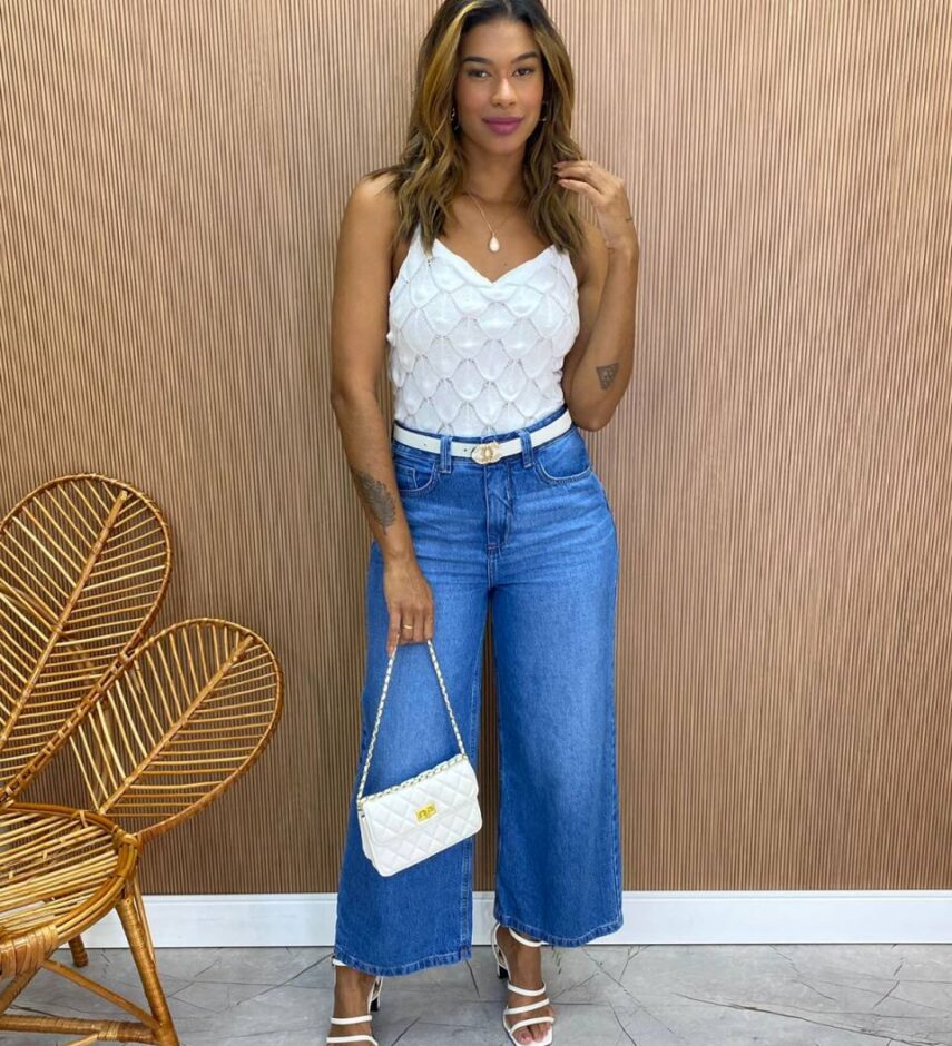 Cropped Feminino Tricot sem Bojo Escamas Branco - Fernanda Ramos Store