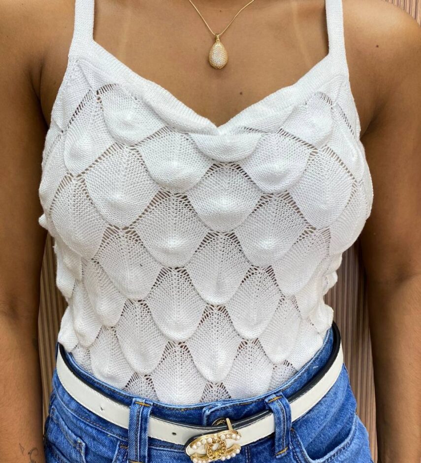 Cropped Feminino Tricot sem Bojo Escamas Branco - Fernanda Ramos Store