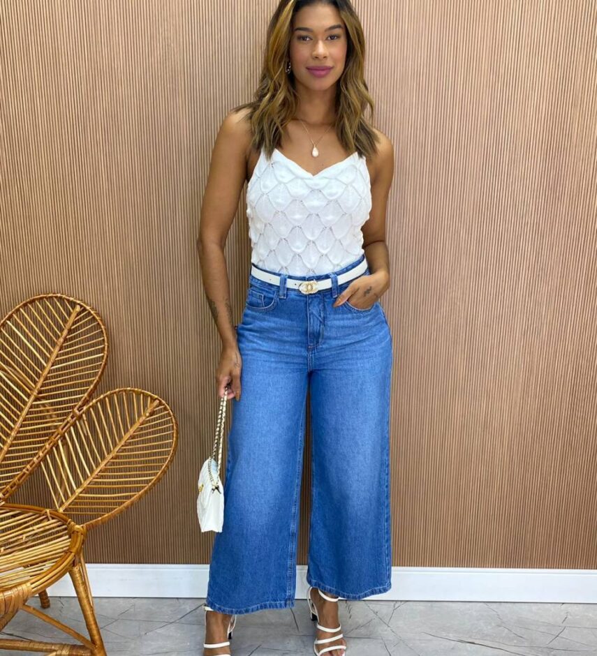 Cropped Feminino Tricot sem Bojo Escamas Branco - Fernanda Ramos Store