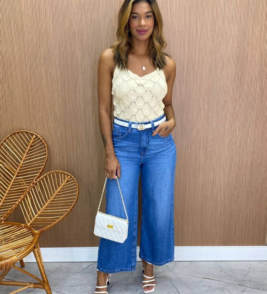 Cropped Feminino Tricot sem Bojo Escamas Bege - Fernanda Ramos Store