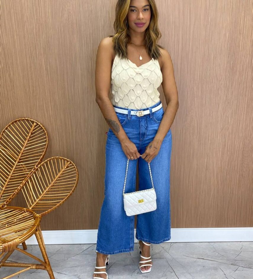 Cropped Feminino Tricot sem Bojo Escamas Bege - Fernanda Ramos Store