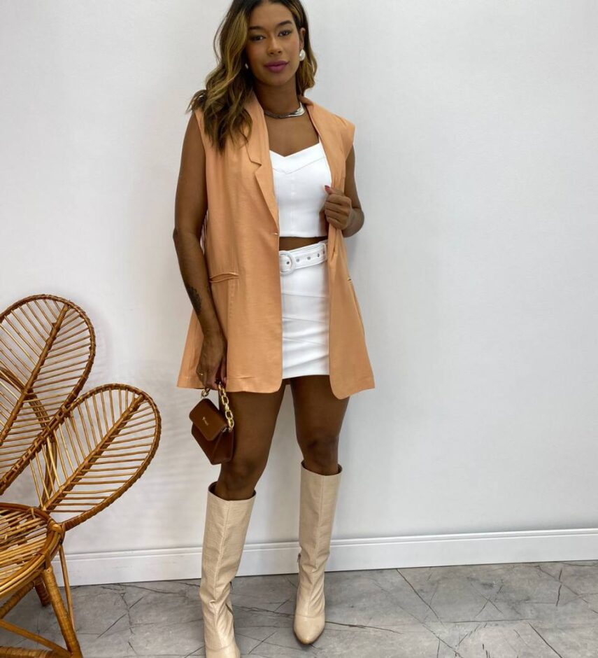 Max Colete Feminino Juliana com Franjas Bege Escuro - Fernanda Ramos Store