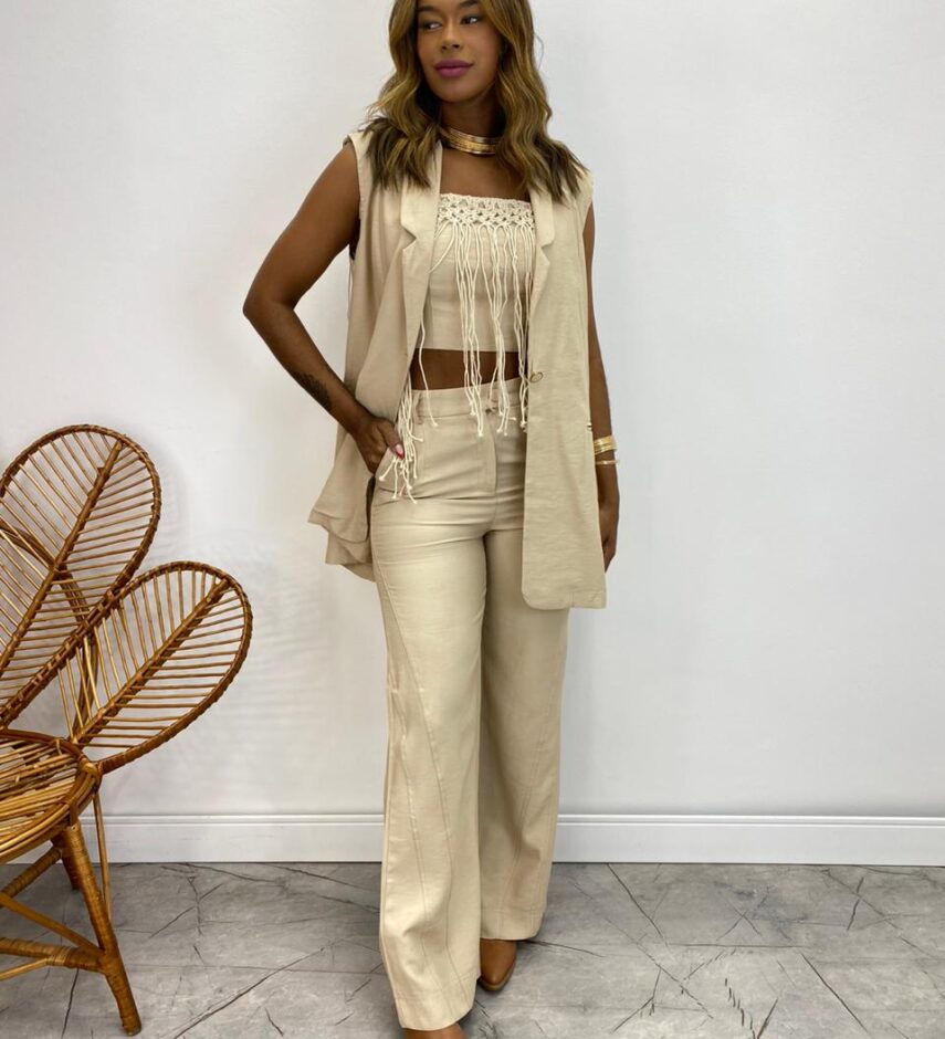 Max Colete Feminino Juliana com Franjas Cru - Fernanda Ramos Store