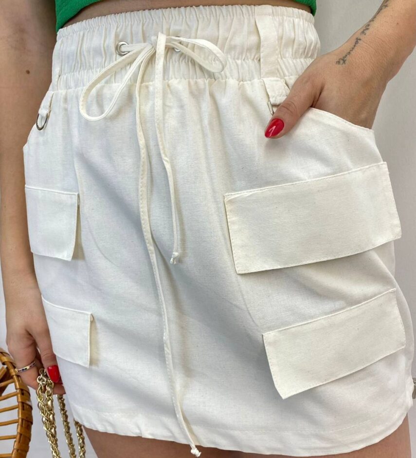 Saia Curta Feminina Mari Tricoline Off White com Amarração - Fernanda Ramos Store