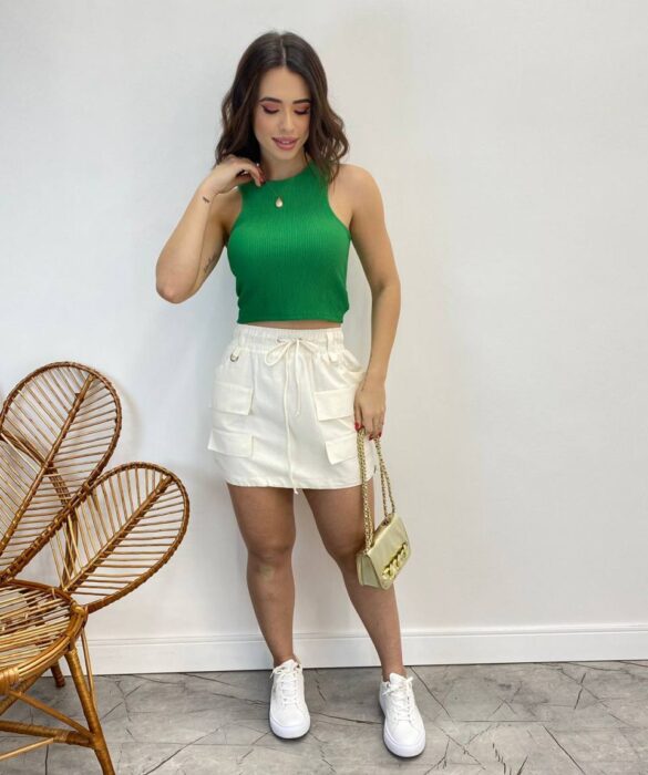 Saia Curta Feminina Mari Tricoline Off White com Amarração - Fernanda Ramos Store