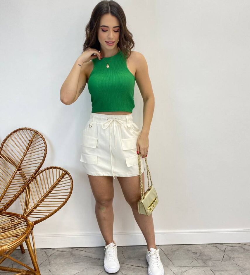 Saia Curta Feminina Mari Tricoline Off White com Amarração - Fernanda Ramos Store