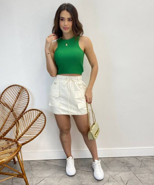 Saia Curta Feminina Mari Tricoline Off White com Amarração - Fernanda Ramos Store