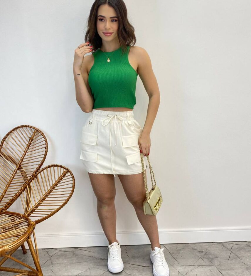 Saia Curta Feminina Mari Tricoline Off White com Amarração - Fernanda Ramos Store
