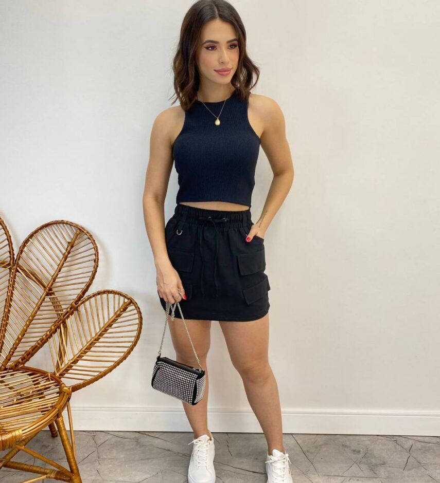 Saia Curta Feminina Mari Tricoline Preta com Amarração - Fernanda Ramos Store