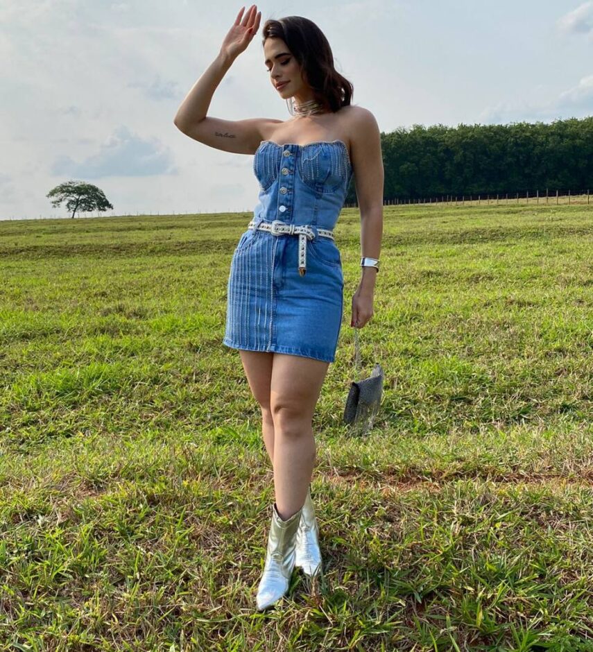 Saia Jeans Curta Maria Alice Fringe Strass - Fernanda Ramos Store