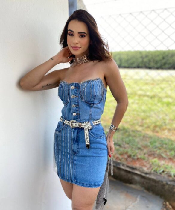 Saia Jeans Curta Maria Alice Fringe Strass - Fernanda Ramos Store